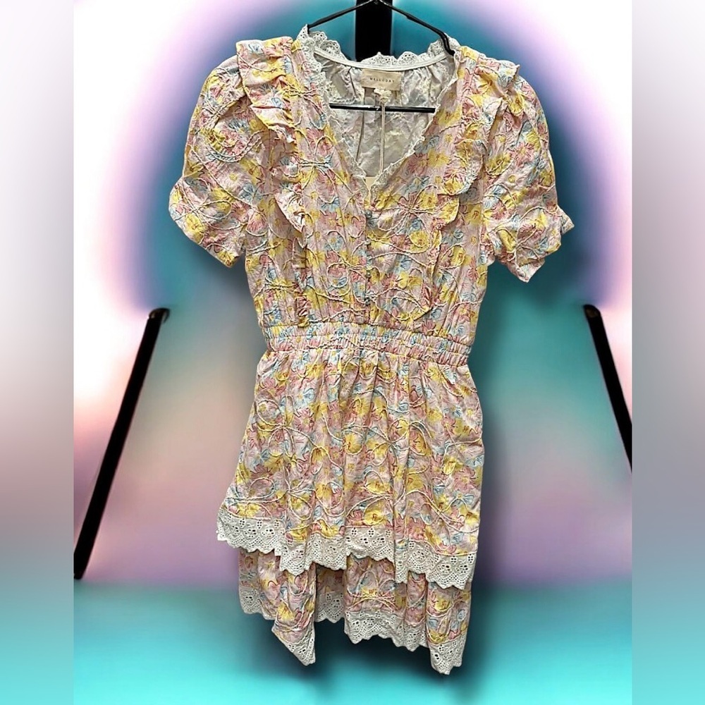 Nordstrom X Melloday Floral Pastel Ruffle Mini Dress with Lace Trim